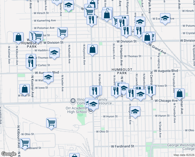map of restaurants, bars, coffee shops, grocery stores, and more near 911 North Pulaski Road in Chicago
