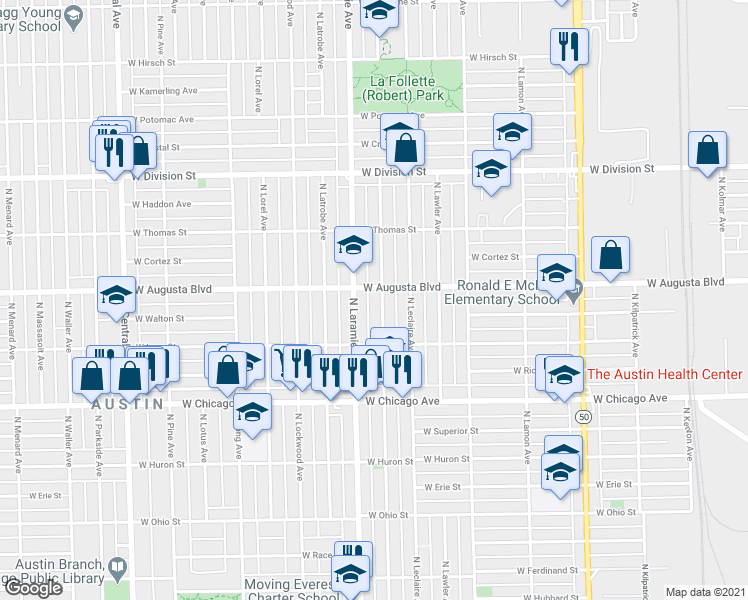 map of restaurants, bars, coffee shops, grocery stores, and more near 938 North Leamington Avenue in Chicago