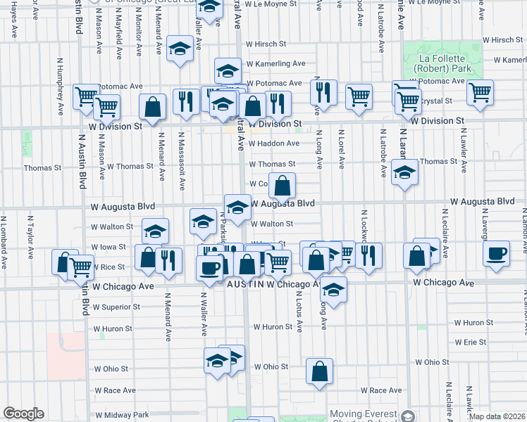 map of restaurants, bars, coffee shops, grocery stores, and more near 945 North Central Avenue in Chicago