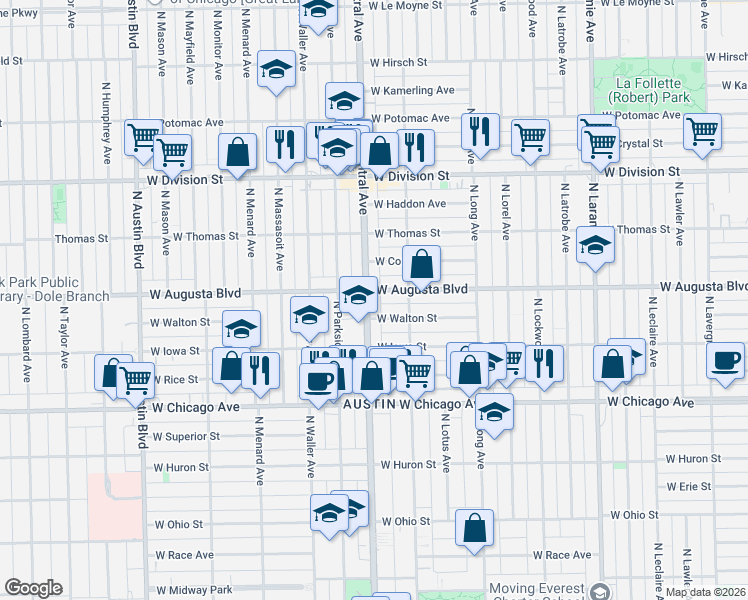 map of restaurants, bars, coffee shops, grocery stores, and more near 945 North Central Avenue in Chicago