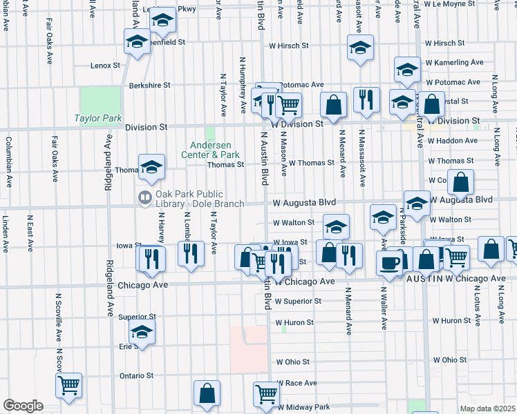map of restaurants, bars, coffee shops, grocery stores, and more near 942 North Austin Boulevard in Oak Park