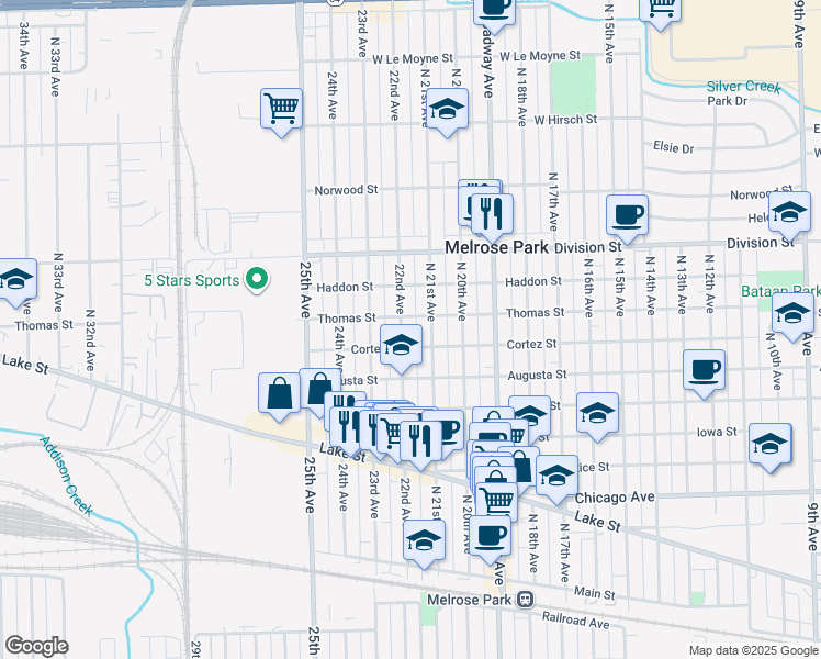 map of restaurants, bars, coffee shops, grocery stores, and more near 1208 North 21st Avenue in Melrose Park