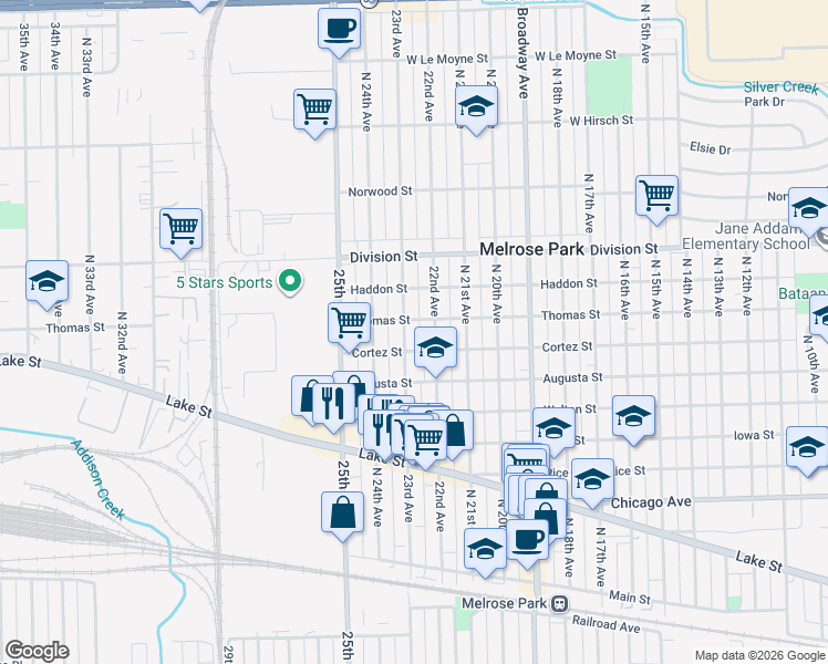map of restaurants, bars, coffee shops, grocery stores, and more near 1206 North 22nd Avenue in Melrose Park