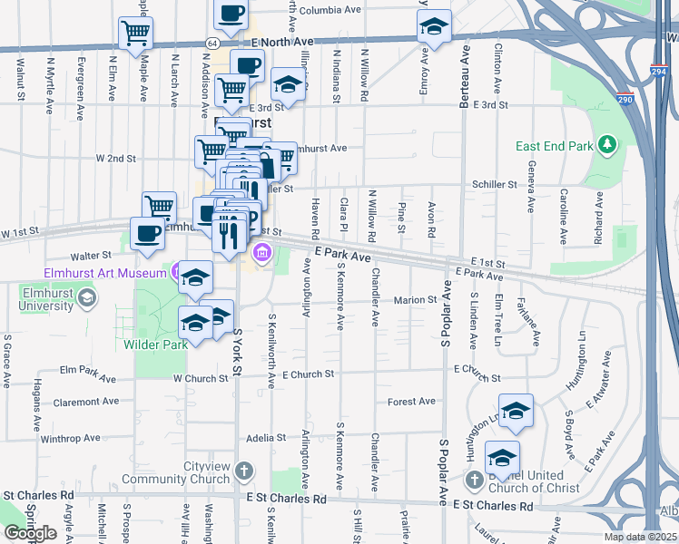 map of restaurants, bars, coffee shops, grocery stores, and more near 121 South Kenmore Avenue in Elmhurst