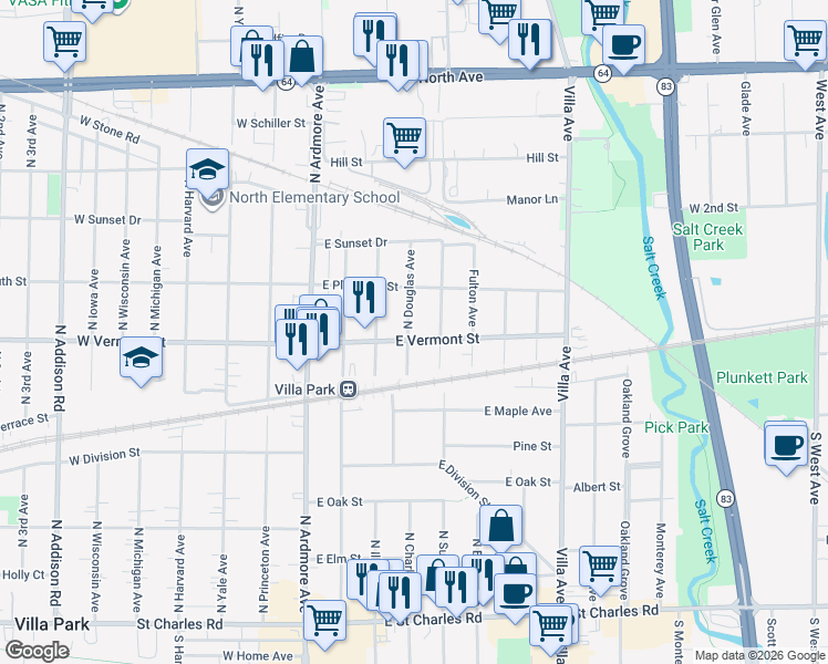 map of restaurants, bars, coffee shops, grocery stores, and more near 425 North Douglas Avenue in Villa Park
