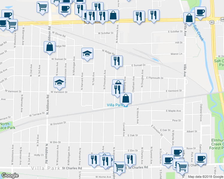 map of restaurants, bars, coffee shops, grocery stores, and more near 16 West Vermont Street in Villa Park