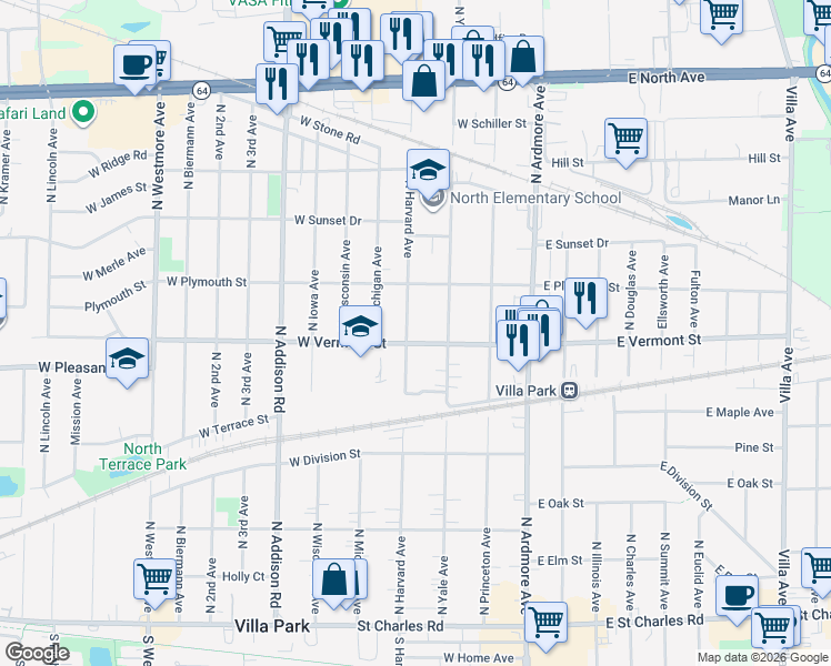 map of restaurants, bars, coffee shops, grocery stores, and more near 430 North Harvard Avenue in Villa Park