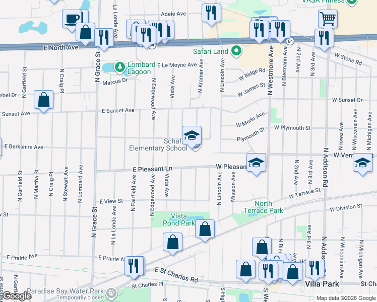 map of restaurants, bars, coffee shops, grocery stores, and more near 700 East Pleasant Lane in Lombard