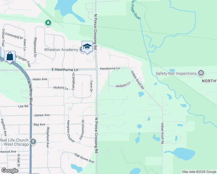 map of restaurants, bars, coffee shops, grocery stores, and more near Hillcrest Road in West Chicago