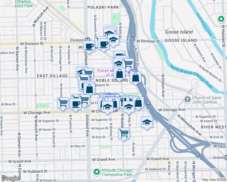 map of restaurants, bars, coffee shops, grocery stores, and more near 1410 West Chestnut Street in Chicago