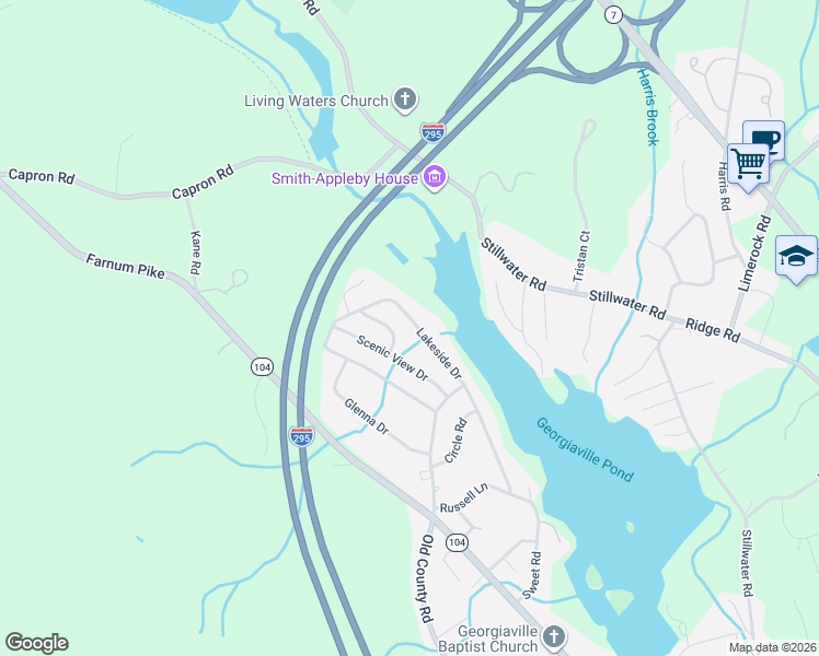 map of restaurants, bars, coffee shops, grocery stores, and more near 38 Lakeside Drive in Smithfield