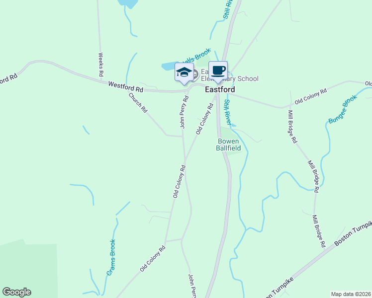 map of restaurants, bars, coffee shops, grocery stores, and more near 211 Old Colony Road in Eastford