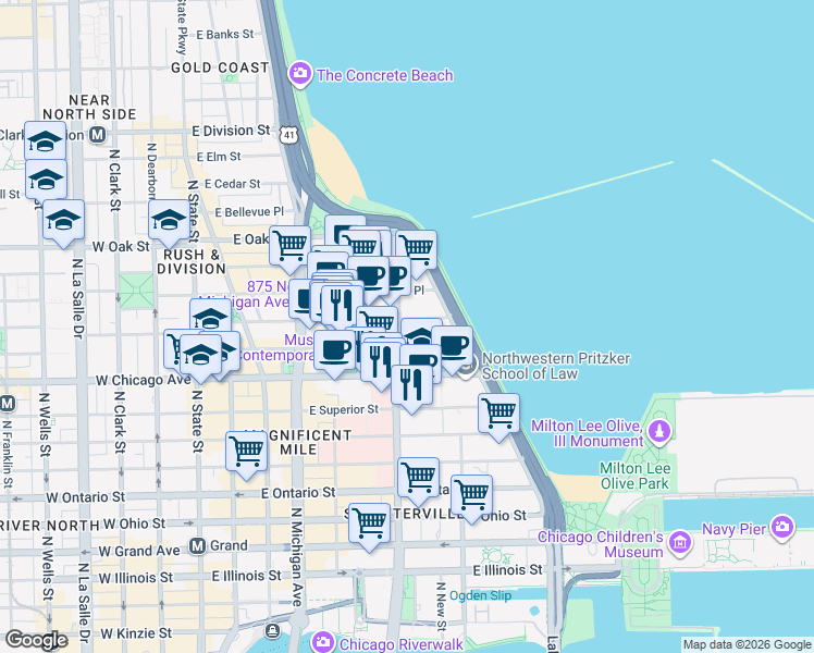 map of restaurants, bars, coffee shops, grocery stores, and more near 250 East Pearson Street in Chicago