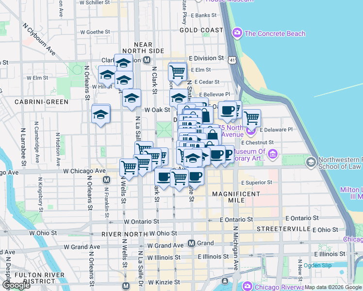 map of restaurants, bars, coffee shops, grocery stores, and more near 844 North State Street in Chicago