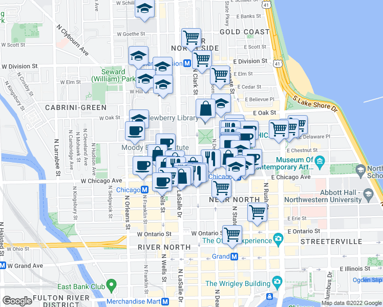 map of restaurants, bars, coffee shops, grocery stores, and more near 103 West Chestnut Street in Chicago