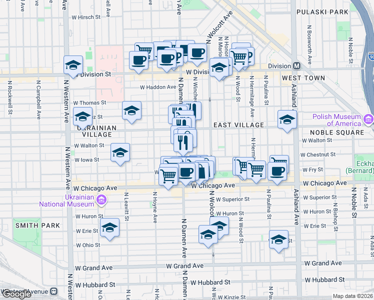 map of restaurants, bars, coffee shops, grocery stores, and more near in Chicago