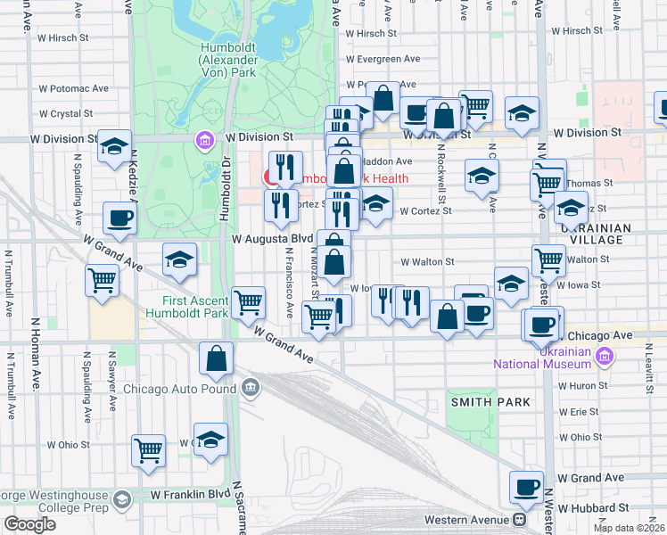 map of restaurants, bars, coffee shops, grocery stores, and more near 879 North Mozart Street in Chicago