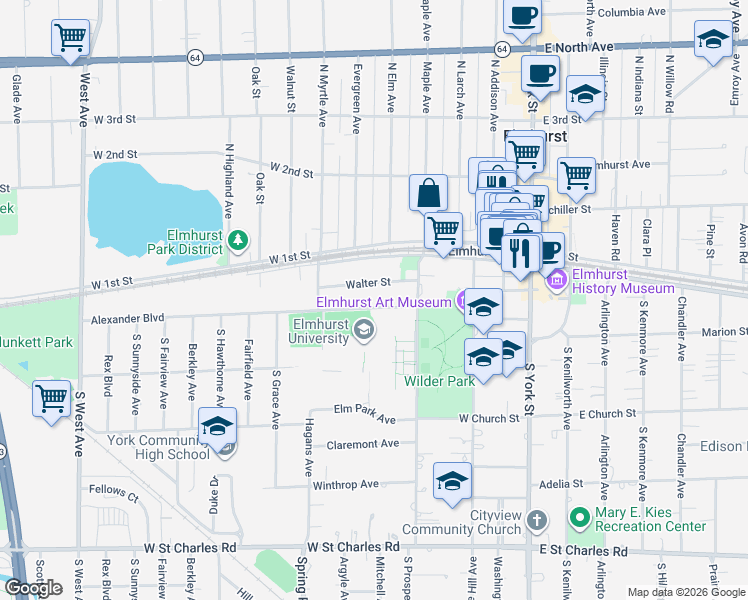 map of restaurants, bars, coffee shops, grocery stores, and more near 239 Alexander Boulevard in Elmhurst