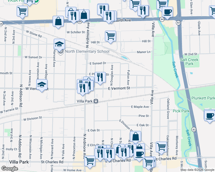map of restaurants, bars, coffee shops, grocery stores, and more near 425 North Douglas Avenue in Villa Park
