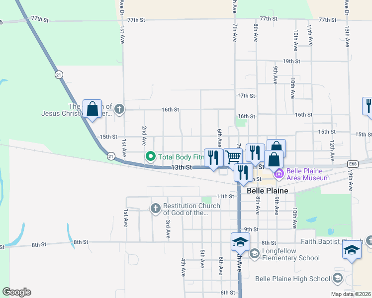 map of restaurants, bars, coffee shops, grocery stores, and more near 401-499 14th St in Belle Plaine