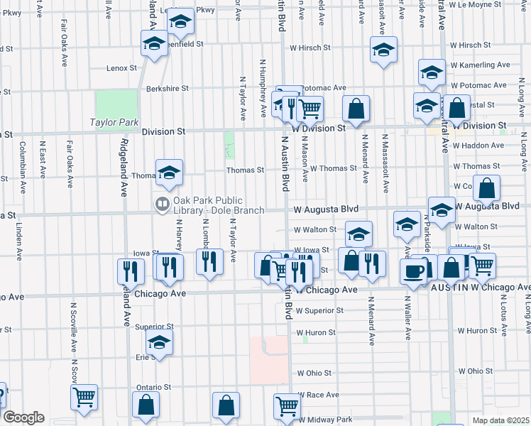map of restaurants, bars, coffee shops, grocery stores, and more near 646 North Humphrey Avenue in Oak Park