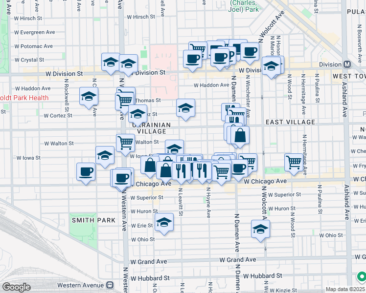 map of restaurants, bars, coffee shops, grocery stores, and more near 2134 West Iowa Street in Chicago