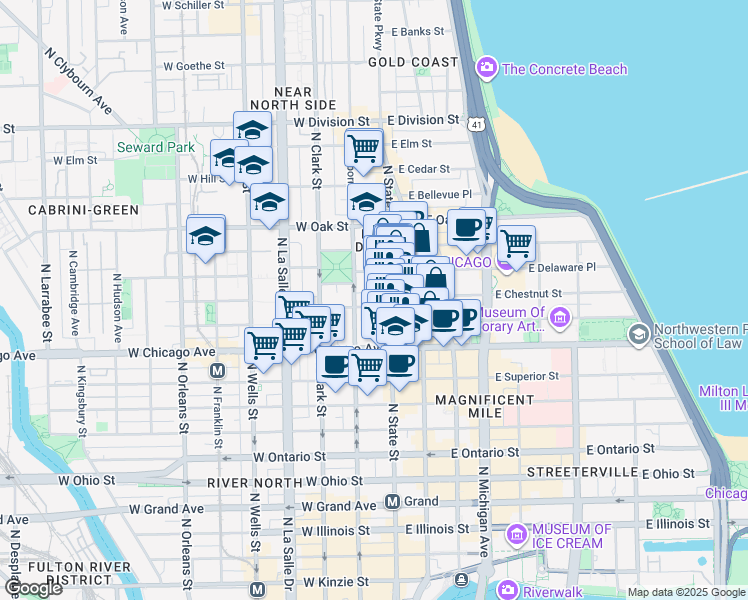 map of restaurants, bars, coffee shops, grocery stores, and more near 844 North State Street in Chicago