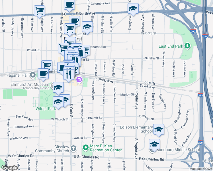map of restaurants, bars, coffee shops, grocery stores, and more near 117 South Kenmore Avenue in Elmhurst