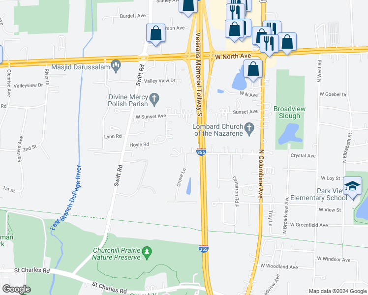 map of restaurants, bars, coffee shops, grocery stores, and more near 21W270 Pleasant Lane in Lombard