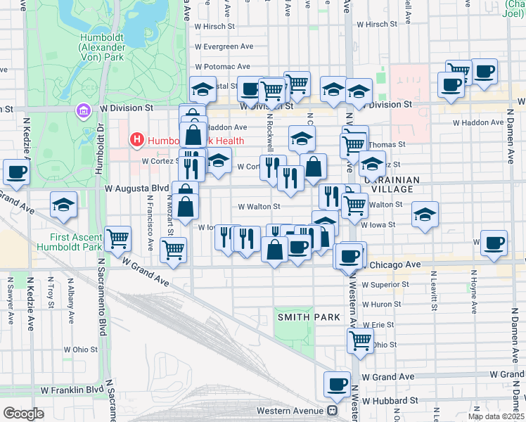 map of restaurants, bars, coffee shops, grocery stores, and more near 2627 West Walton Street in Chicago