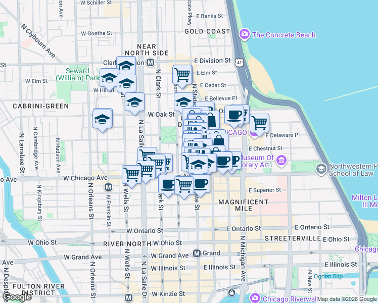 map of restaurants, bars, coffee shops, grocery stores, and more near 844 North State Street in Chicago