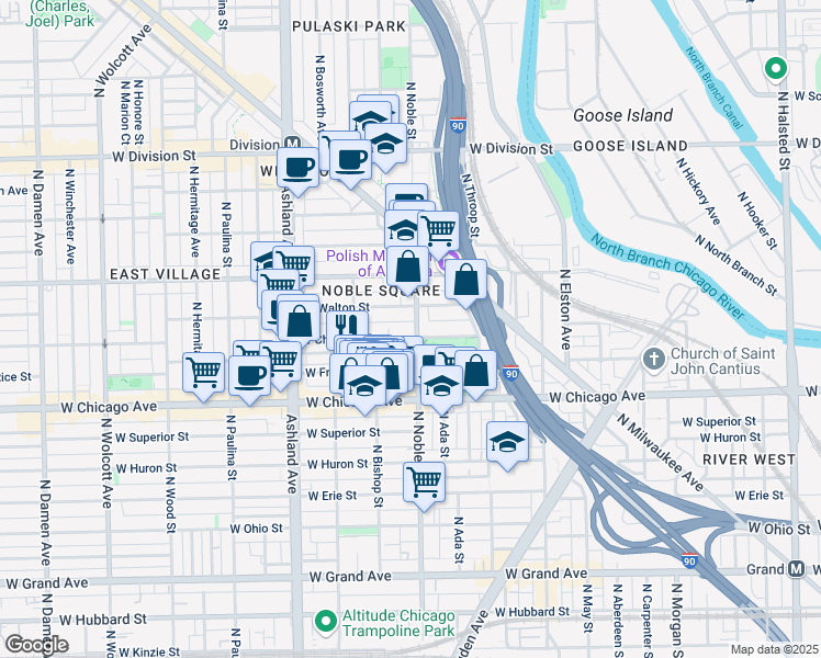 map of restaurants, bars, coffee shops, grocery stores, and more near 1410 West Chestnut Street in Chicago
