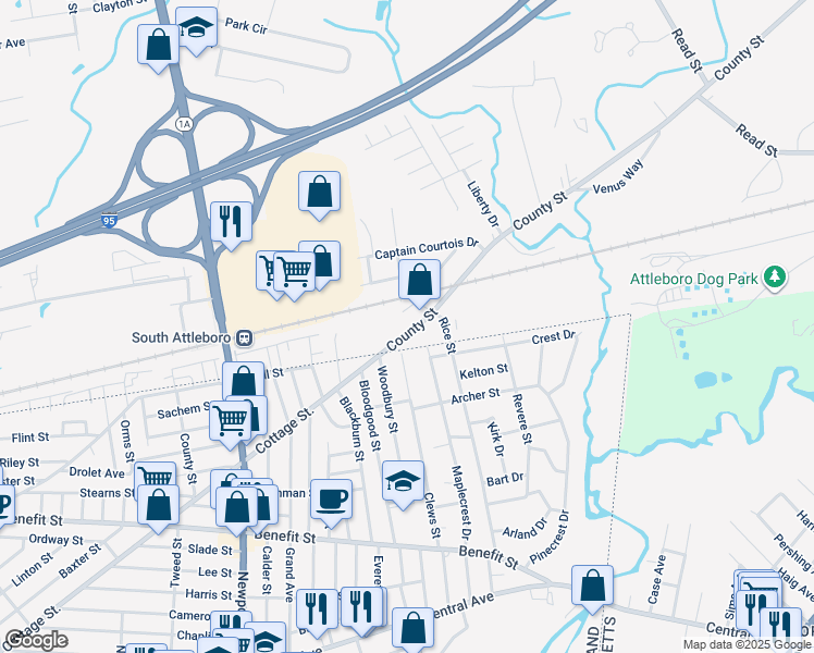 map of restaurants, bars, coffee shops, grocery stores, and more near 2087 County Street in Attleboro