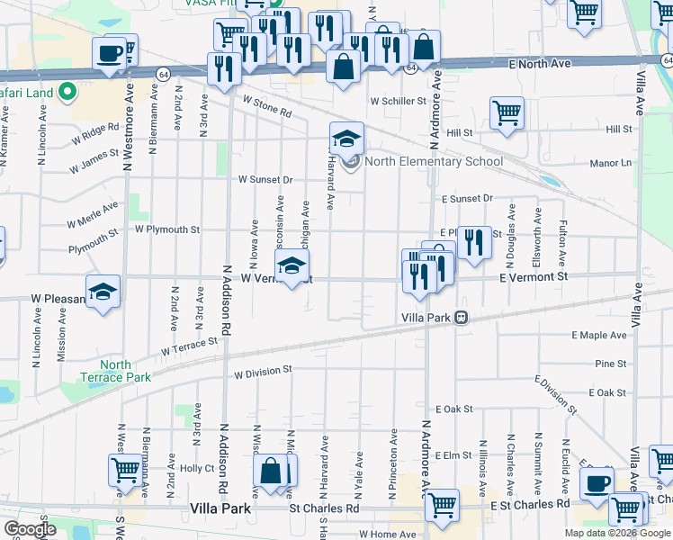 map of restaurants, bars, coffee shops, grocery stores, and more near 430 North Harvard Avenue in Villa Park