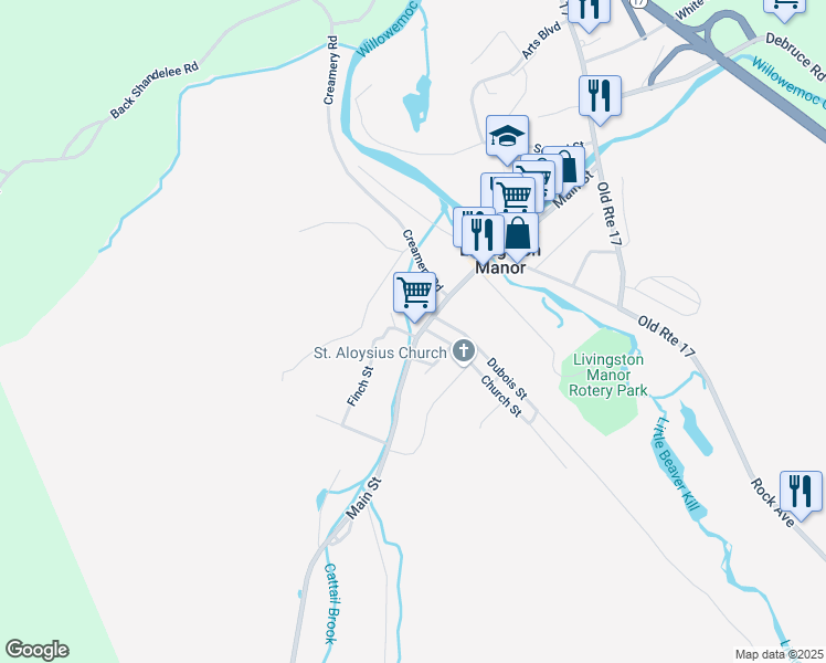 map of restaurants, bars, coffee shops, grocery stores, and more near 5 Finch Street in Livingston Manor