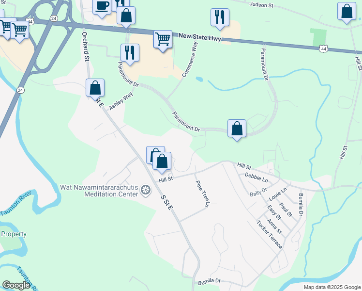 map of restaurants, bars, coffee shops, grocery stores, and more near 325 Paramount Drive in Raynham