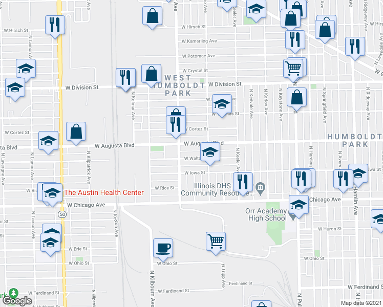 map of restaurants, bars, coffee shops, grocery stores, and more near 4332 West Walton Street in Chicago