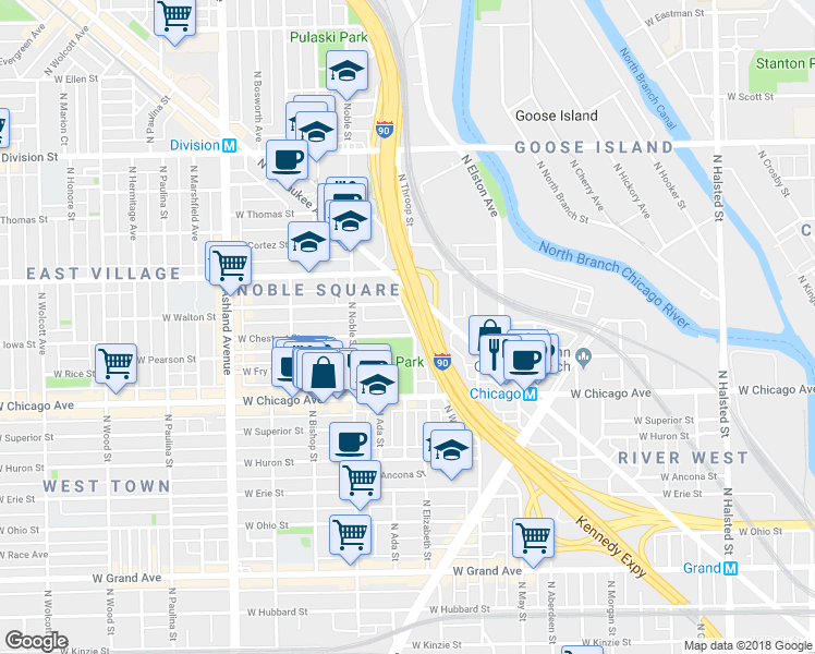 map of restaurants, bars, coffee shops, grocery stores, and more near 1302 West Chestnut Street in Chicago