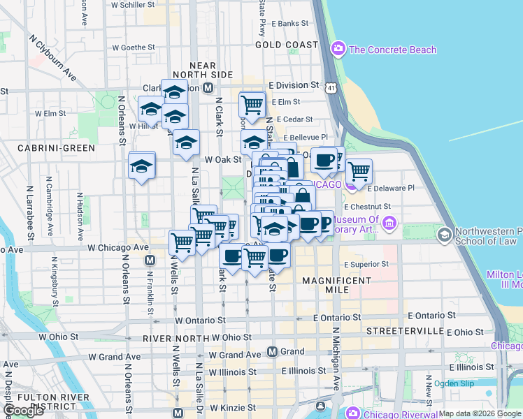 map of restaurants, bars, coffee shops, grocery stores, and more near 10 West Chestnut Street in Chicago