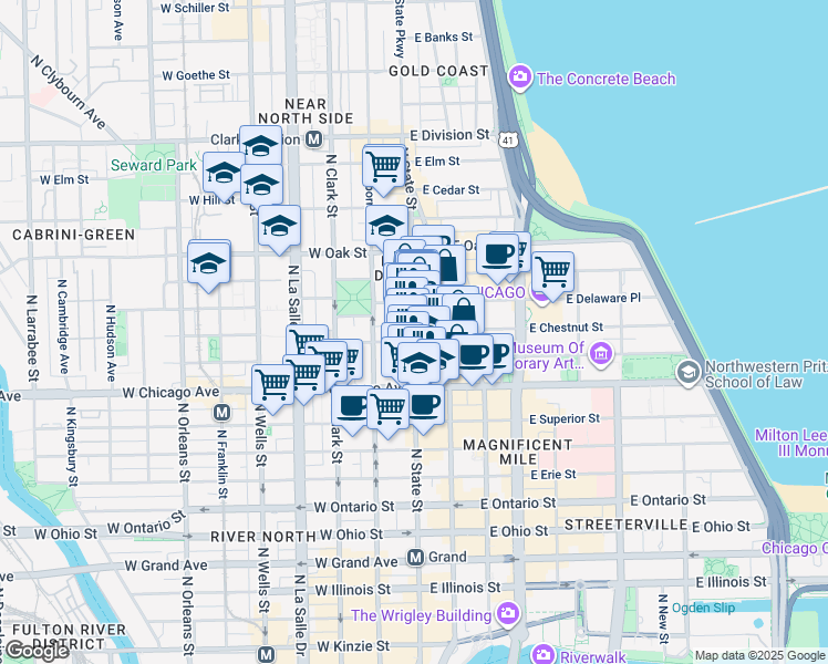 map of restaurants, bars, coffee shops, grocery stores, and more near 852 N State St in Chicago