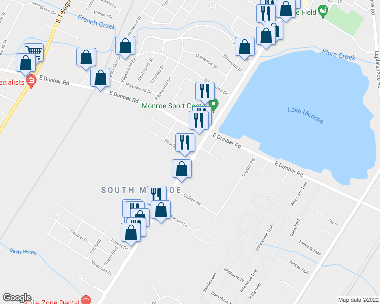 map of restaurants, bars, coffee shops, grocery stores, and more near 15355 South Dixie Highway in Monroe