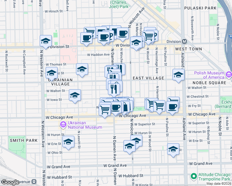 map of restaurants, bars, coffee shops, grocery stores, and more near 1955 West Iowa Street in Chicago