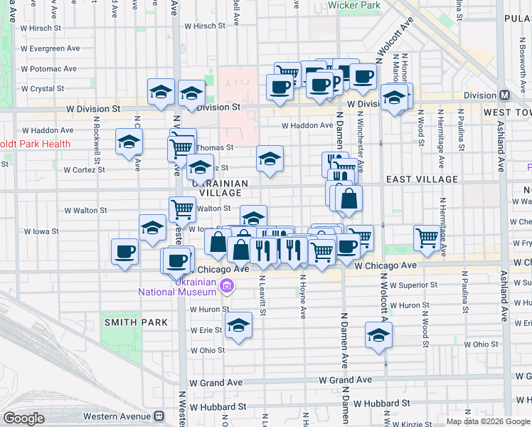 map of restaurants, bars, coffee shops, grocery stores, and more near 921 North Leavitt Street in Chicago