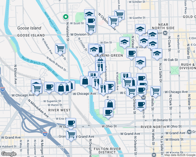 map of restaurants, bars, coffee shops, grocery stores, and more near 848 North Larrabee Street in Chicago