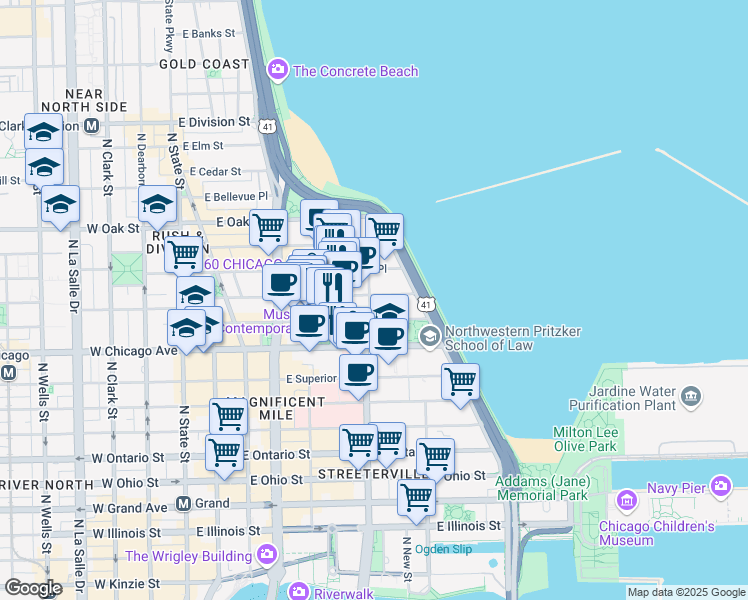 map of restaurants, bars, coffee shops, grocery stores, and more near 250 East Pearson Street in Chicago