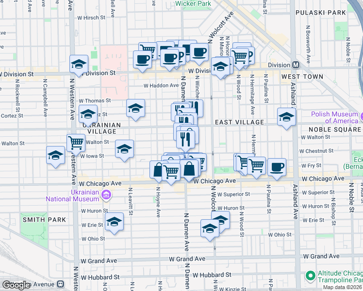 map of restaurants, bars, coffee shops, grocery stores, and more near 2024 West Iowa Street in Chicago