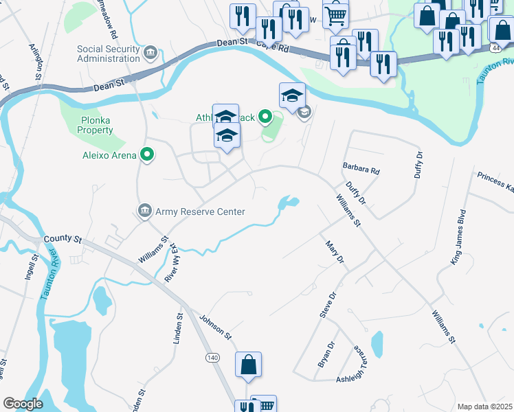 map of restaurants, bars, coffee shops, grocery stores, and more near 55 Williams Street in Taunton