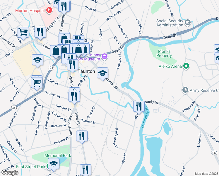 map of restaurants, bars, coffee shops, grocery stores, and more near 71 Summer Street in Taunton