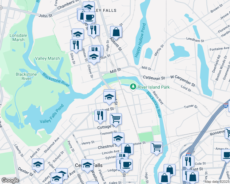 map of restaurants, bars, coffee shops, grocery stores, and more near 82 Division Street in Central Falls