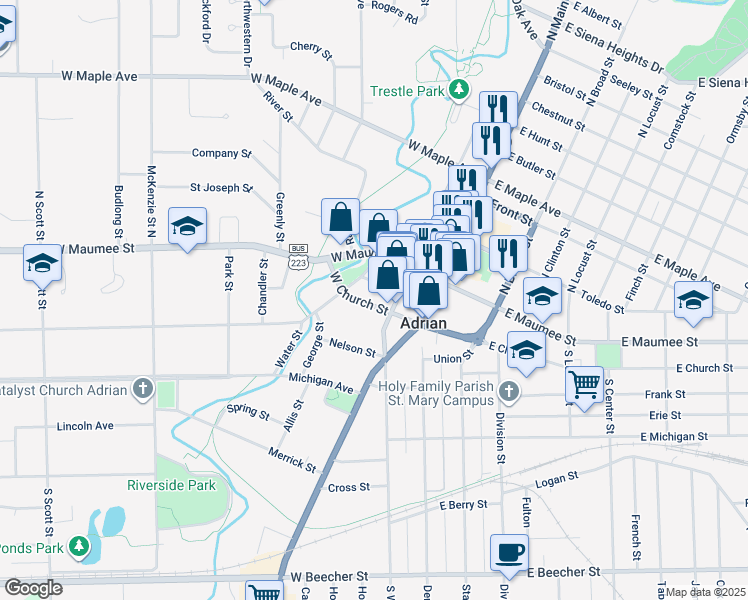 map of restaurants, bars, coffee shops, grocery stores, and more near 218 West Church Street in Adrian